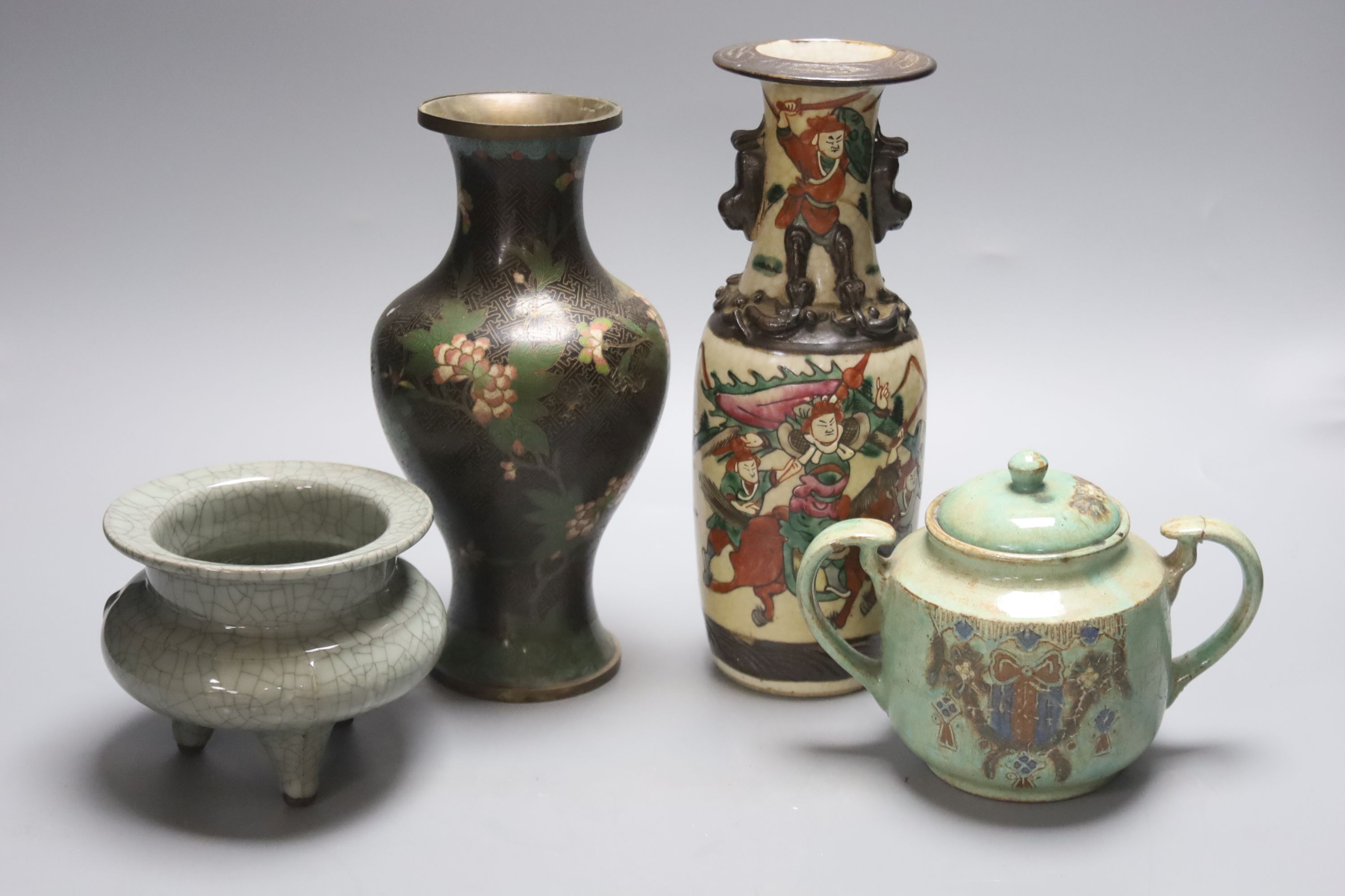 A Chinese crackle glaze tripod censer, a similar vase, a cloisonne vase and a two handled jar and cover, height 26cm